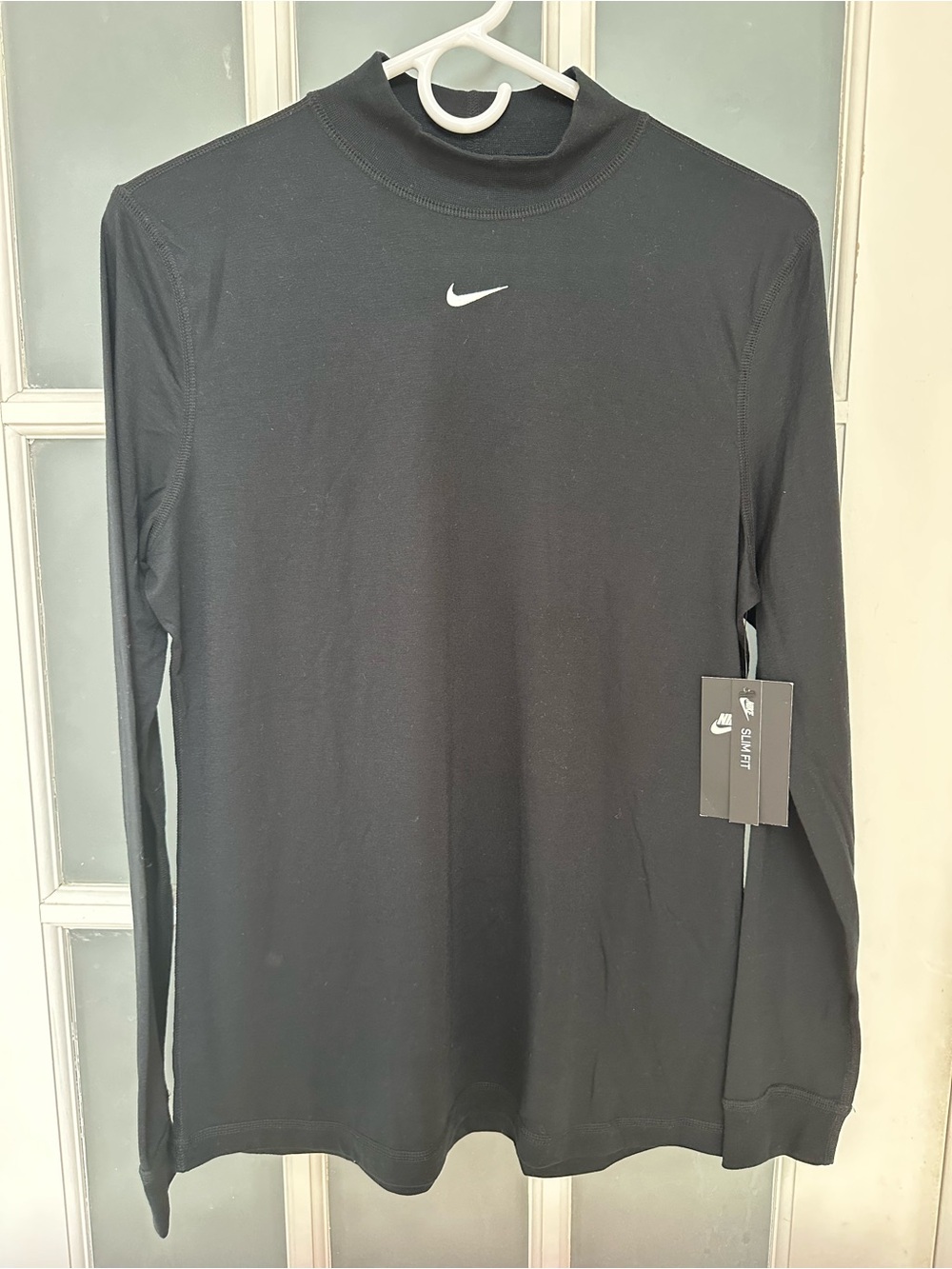 Nike Black Long-Sleeve Mock Neck Athletic Top with White Swoosh